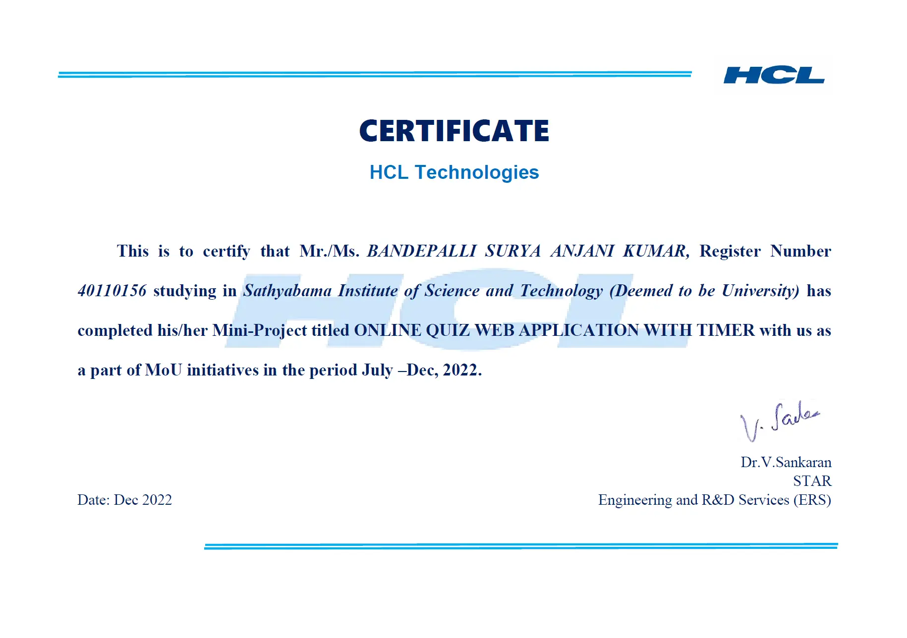 Internship Completion Certificate