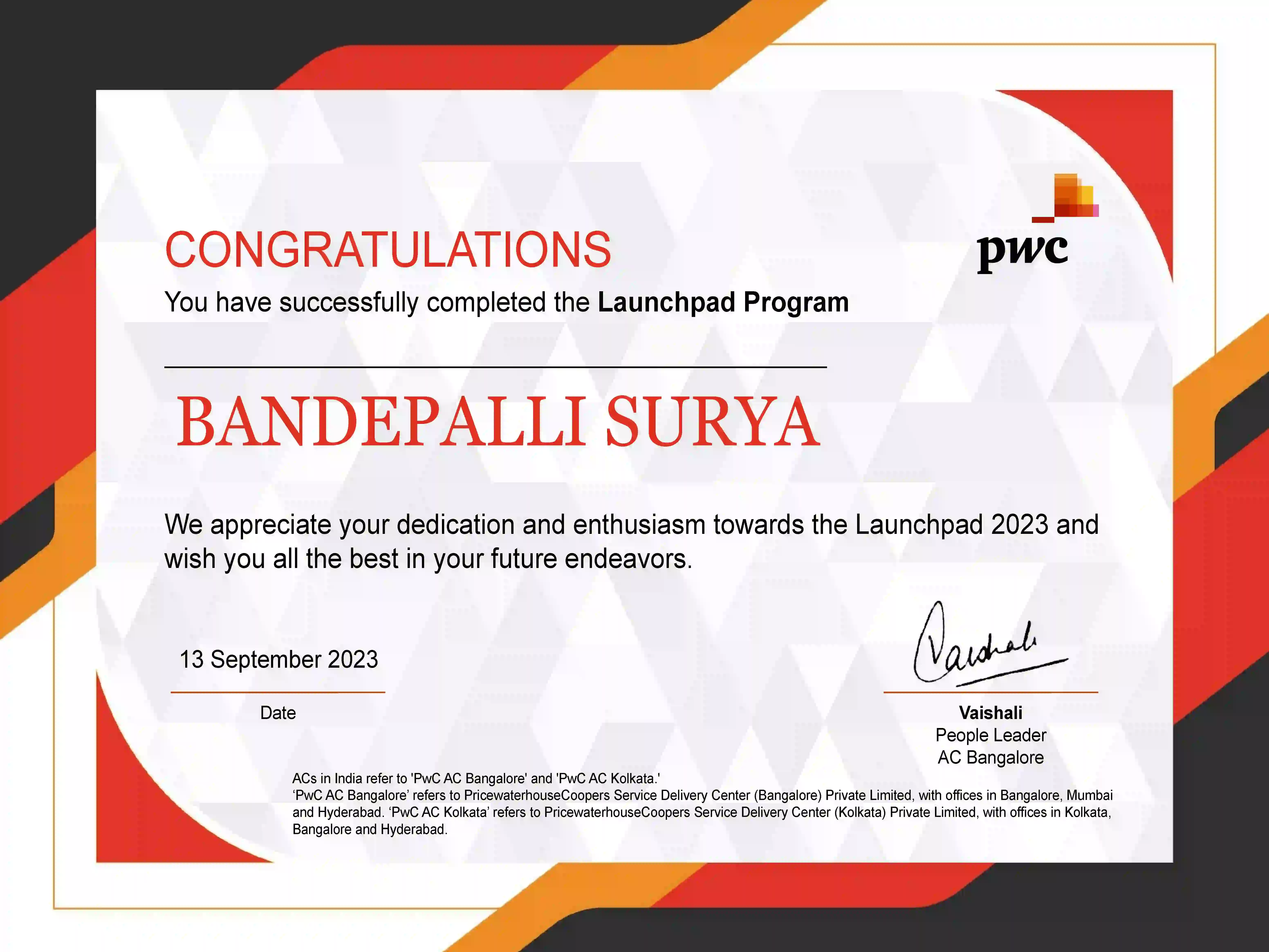PwC Launchpad Completion Certificate
